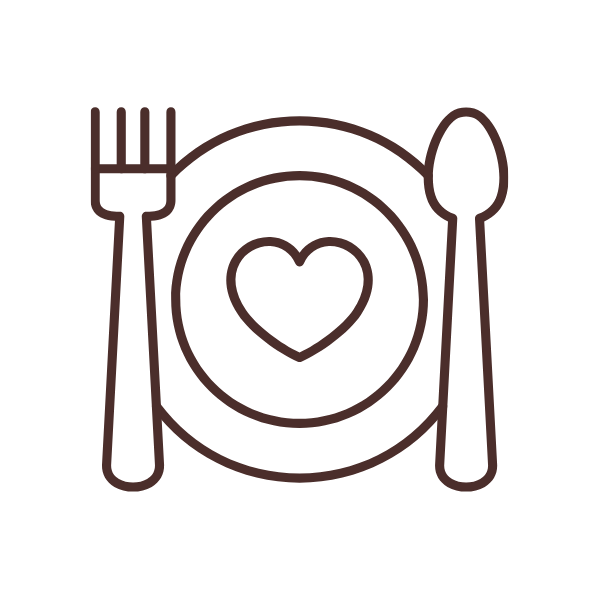 Outline drawing of a dinner plate with a heart in the center, flanked by a fork on the left and a spoon on the right.