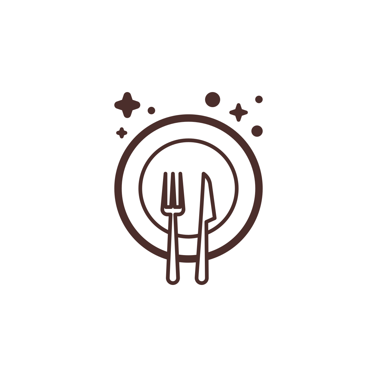 Simple line drawing of a plate with a fork and knife, surrounded by stars and circles, symbolizing dining or a meal.