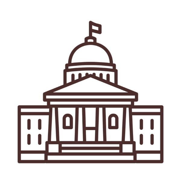 Outline illustration of a government building with a dome and flag on top.