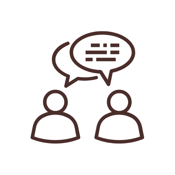 Icon of two people with speech bubbles above their heads indicating conversation or communication.