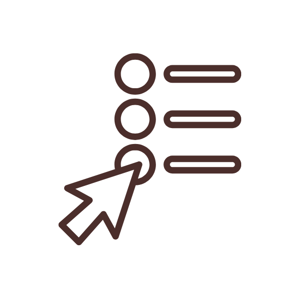 Icon of a computer cursor selecting a list with three options, each with a circle and a horizontal line.