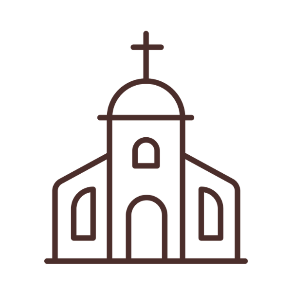 Outline drawing of a church with a cross on top, central arched doorway, and symmetrical side windows.