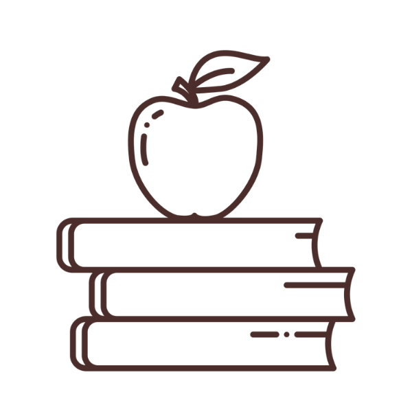Outline drawing of an apple on top of three stacked books.