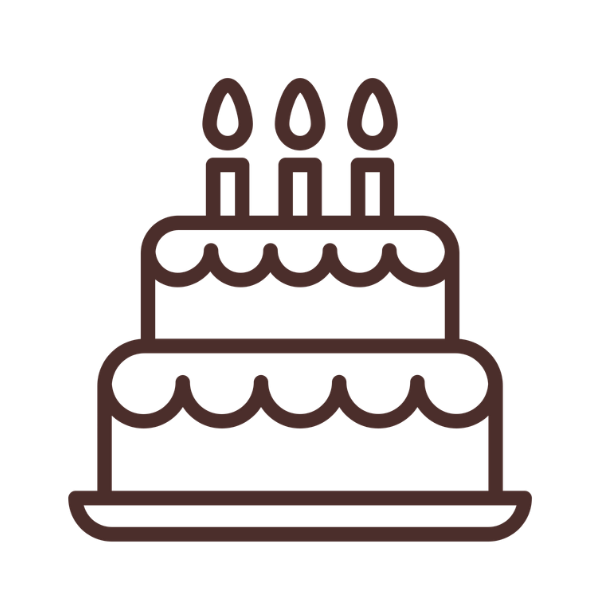Outline of a two-tier birthday cake with three lit candles on top.