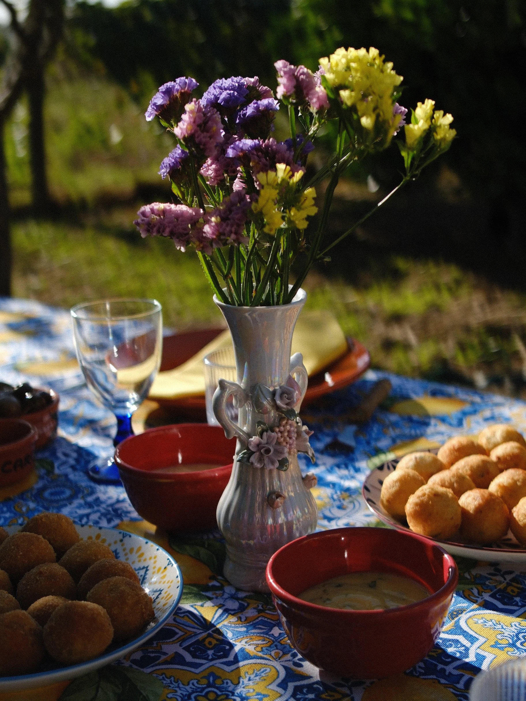 Fresh garden flowers picked from Grandma Alice's garden for the Mediterranean Grandma Supper Club table
