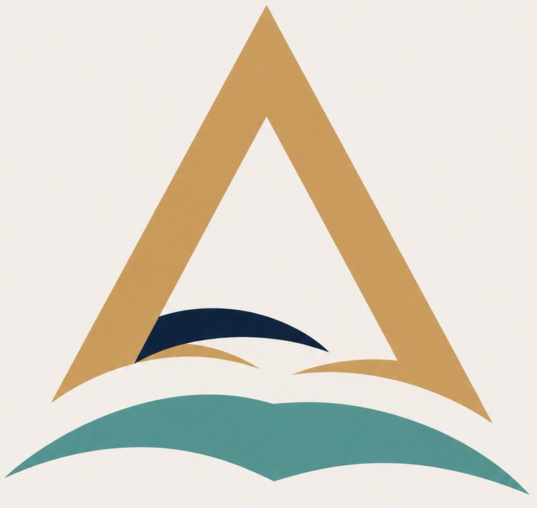 Abstract geometric logo with an upward pointed gold triangle, dark arc, and a teal curved line on a light background.
