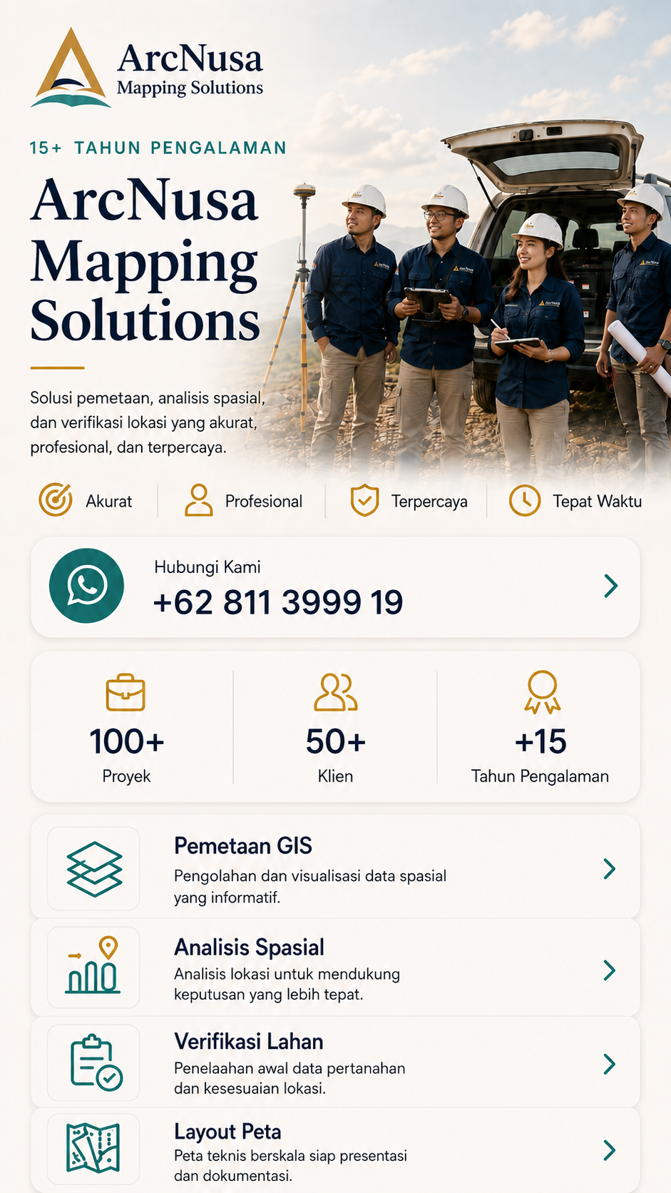 Jasa pemetaan GIS dan analisis geospasial ArcNusa Mapping Solutions dengan tim survei lapangan, peralatan pemetaan, dan kendaraan operasional.