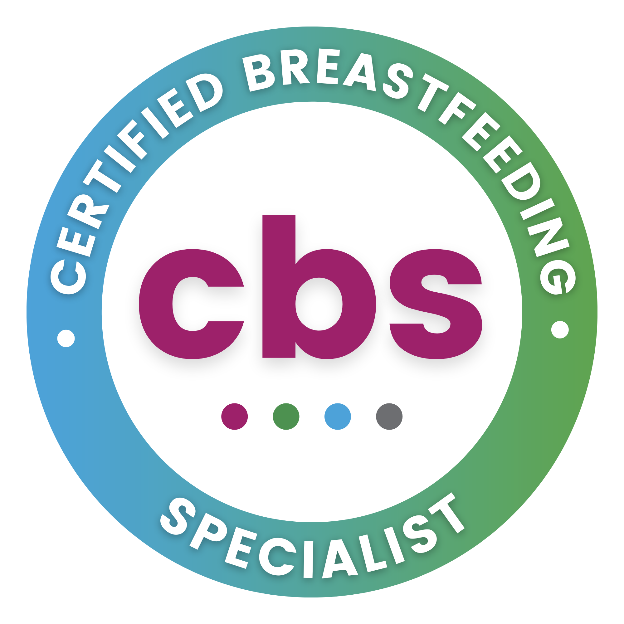 Seal with the words 'Certified Breastfeeding Specialist' in a circular pattern around a purple 'c' in the center, with blue, green, and gray dots below.