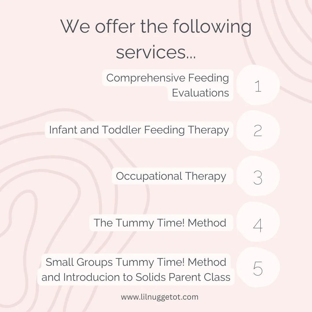 At Lil&rsquo; Nugget Pediatric Occupational and Feeding Therapy, we offer the following services:
- a comprehensive feeding evaluation
-infant and toddler feeding therapy
-occupational therapy
-the Tummy Time! Method
-Small groups Tummy Time! Method 
