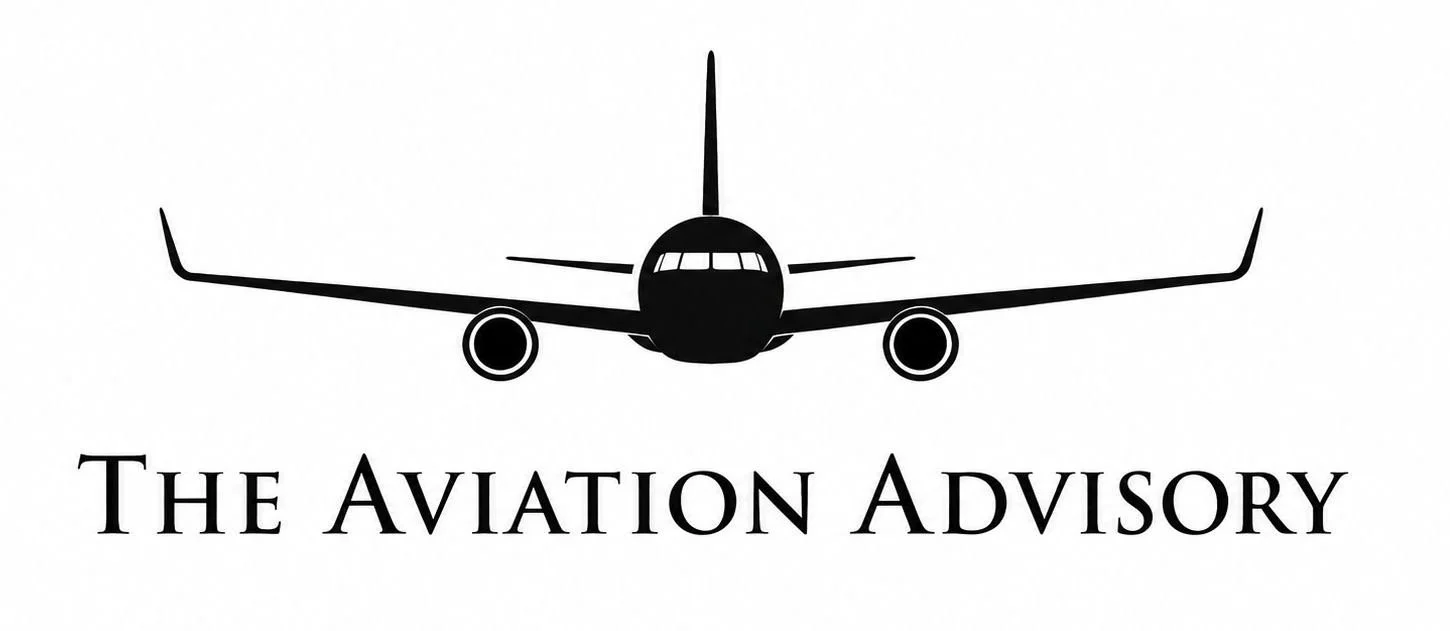 Silhouette of an airplane facing forward with the text "The Aviation Advisory" below.