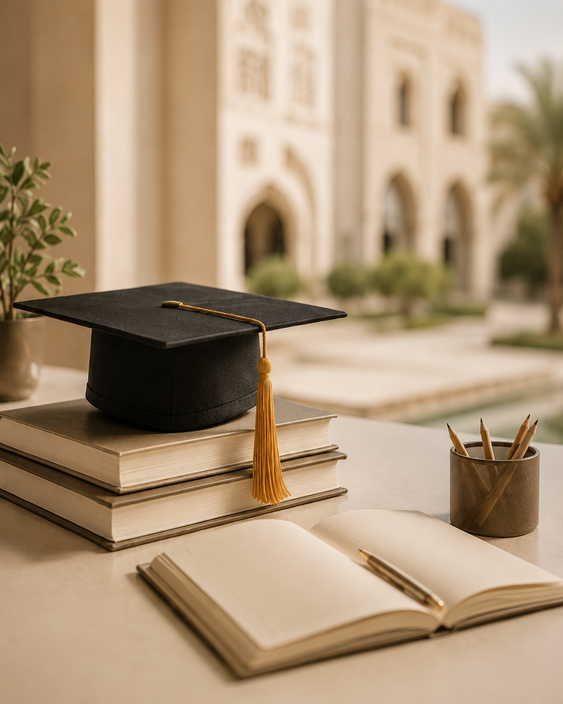 Graduation cap on top of stack of books with open notebook and pen, pencils in a holder, and a potted plant on a desk, with a blurred outdoor scene in the background.