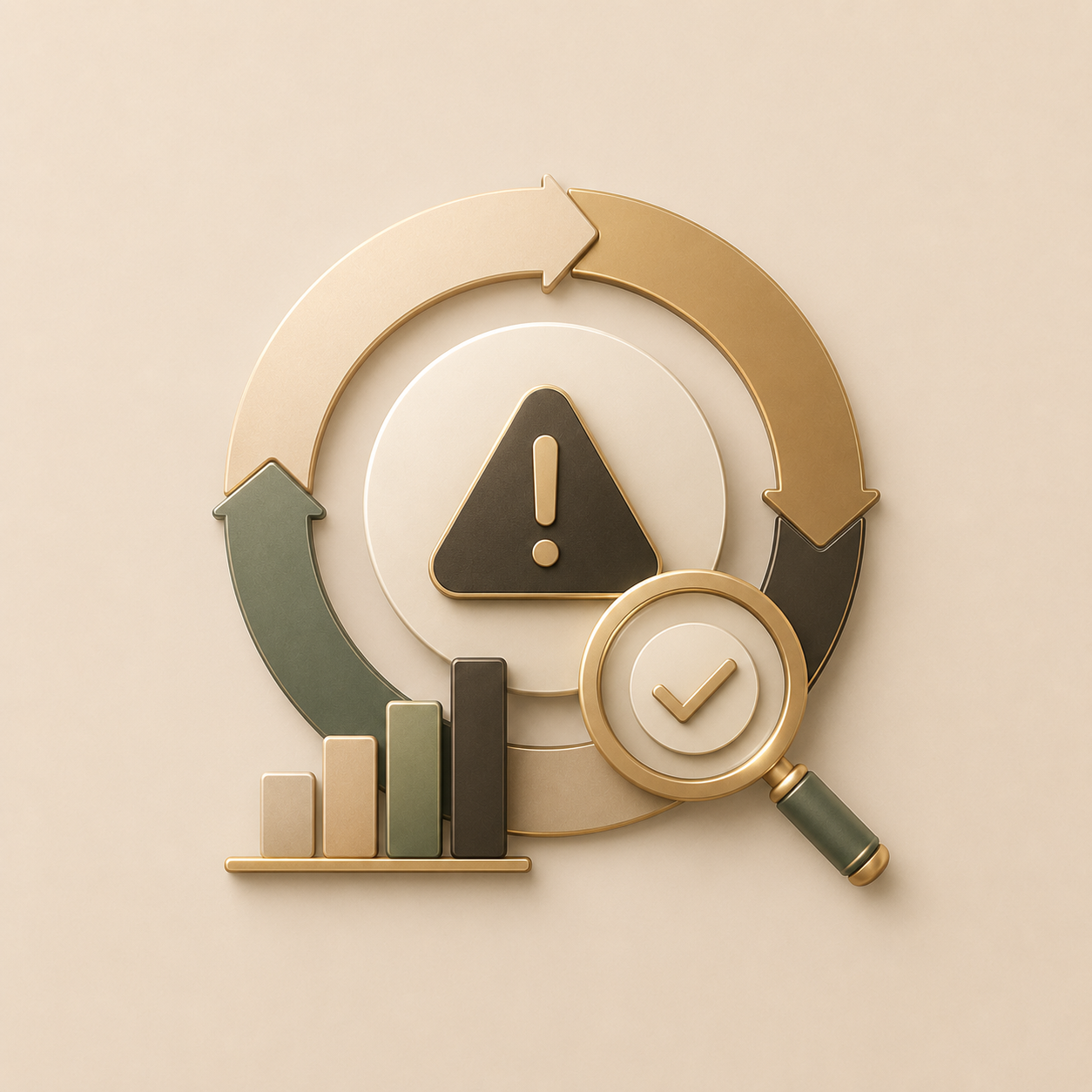 Business growth and risk management concept with bar chart, warning sign, circular arrows, check mark, and magnifying glass.