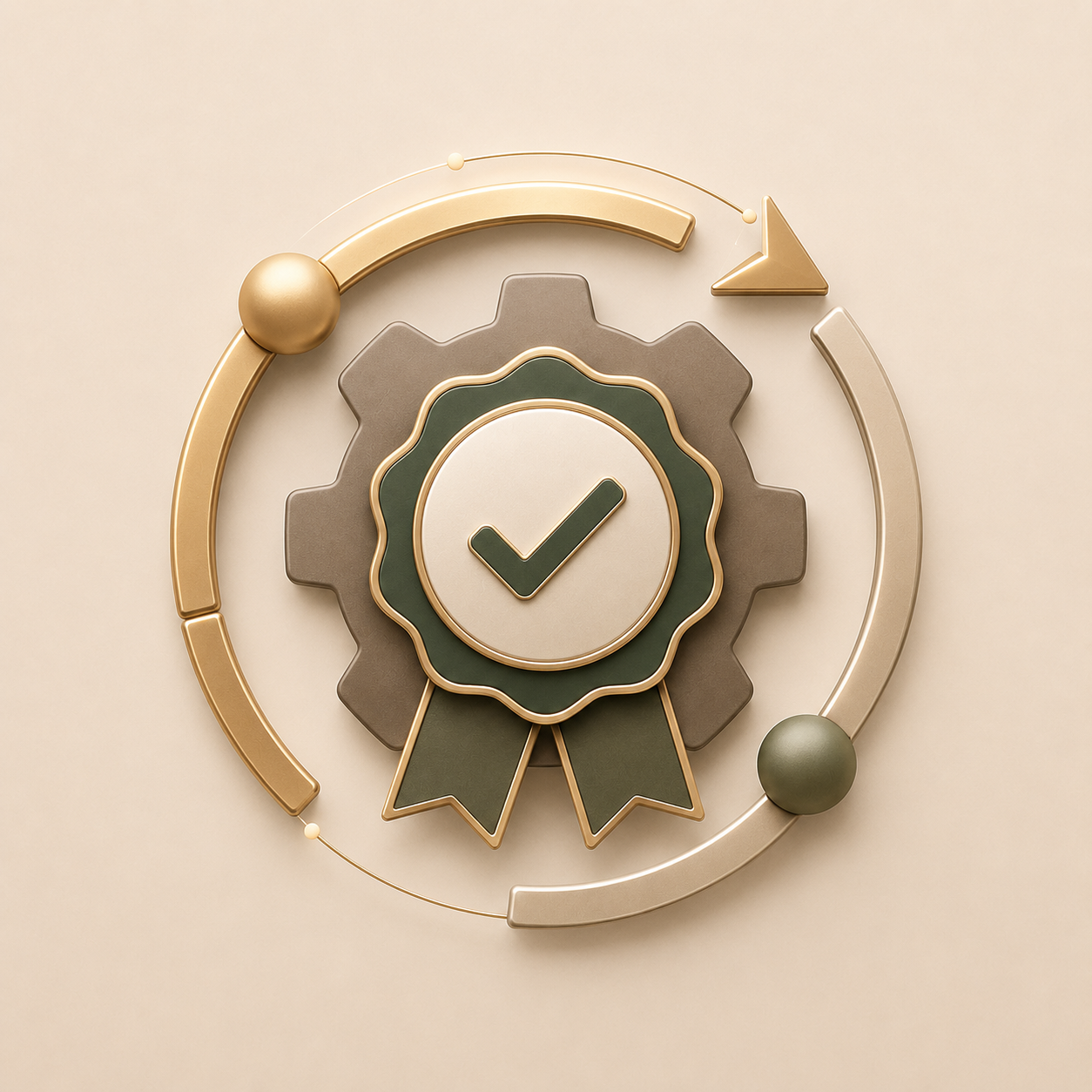 Gold and green circular emblem with a checkmark in the center, surrounded by a gear shape and a ribbon, with circular arrows and spheres around it, symbolizing process or approval.