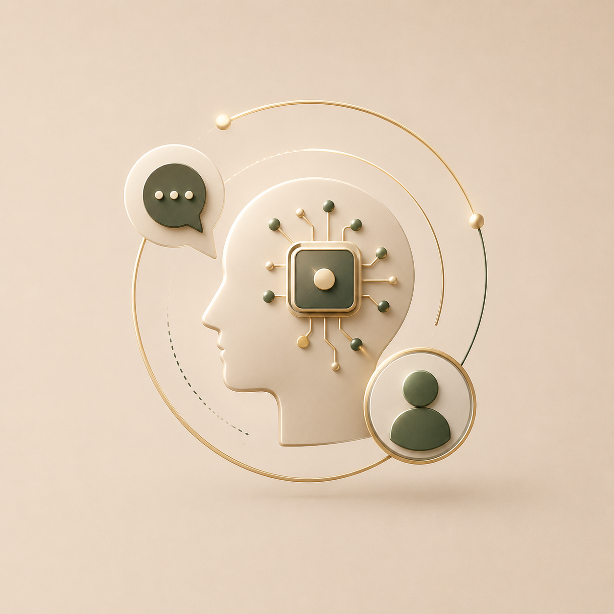 Abstract digital illustration of a human head profile with interconnected circuitry, a microchip, speech bubble, and user icon.