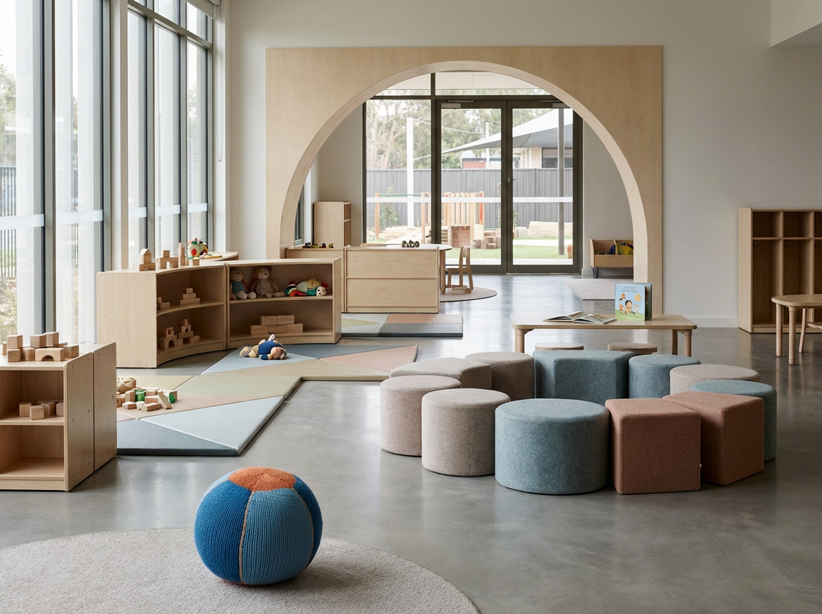 Empty kindergarten playroom with wooden shelves, plush toys, soft mats, and colorful padded stools.