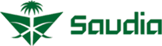 Logo of Saudi Arabia featuring a green palm tree and crossed swords with the text 'Saudia'