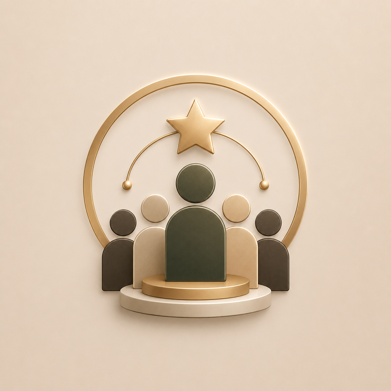 Abstract art of five stylized human figures in beige, gray, and dark green, with a gold star and orbiting lines above, set against a light beige background.