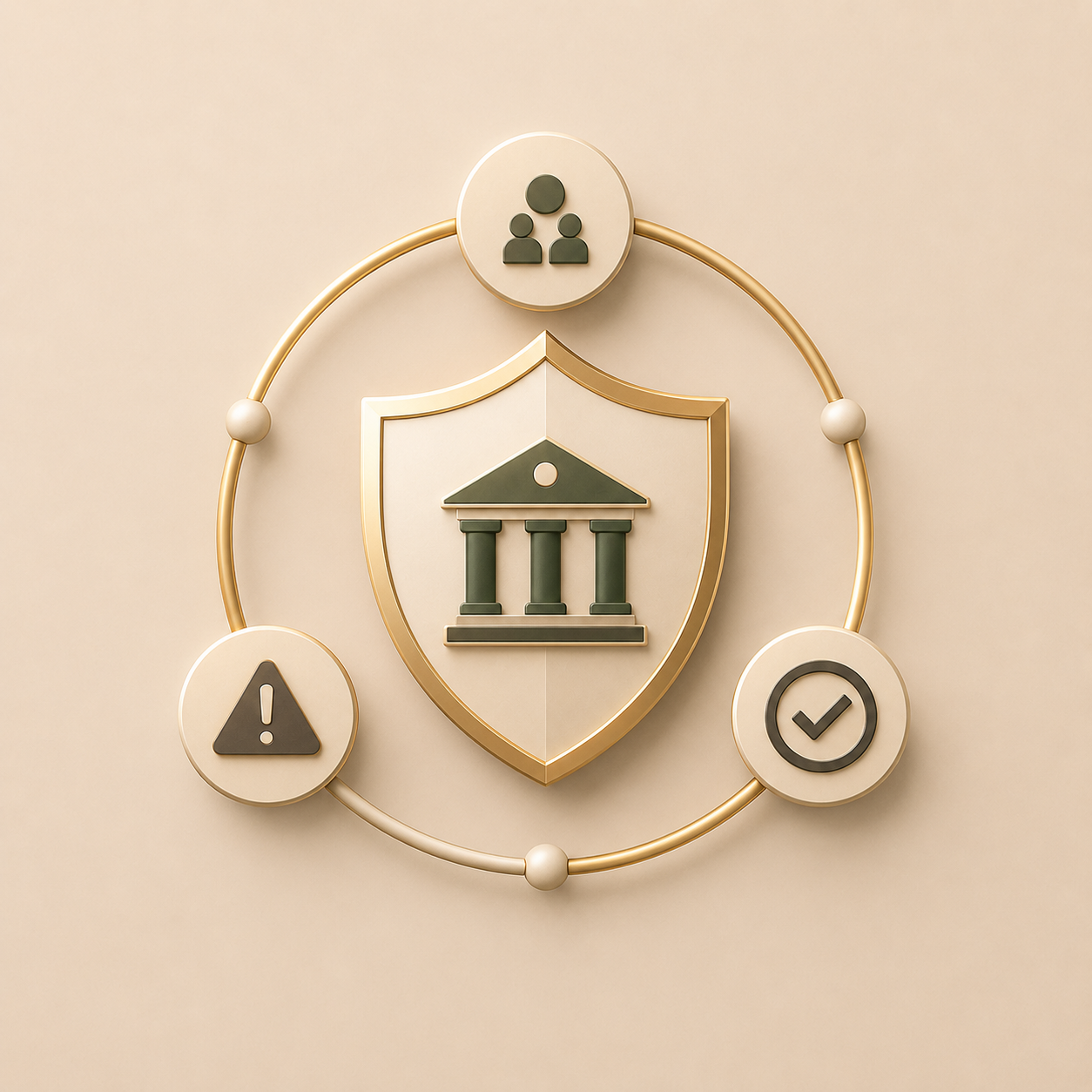 Digital illustration of a security emblem with a shield at the center, featuring a building with columns, surrounded by icons of a person group, a warning triangle, and a checkmark, connected in a circular layout.