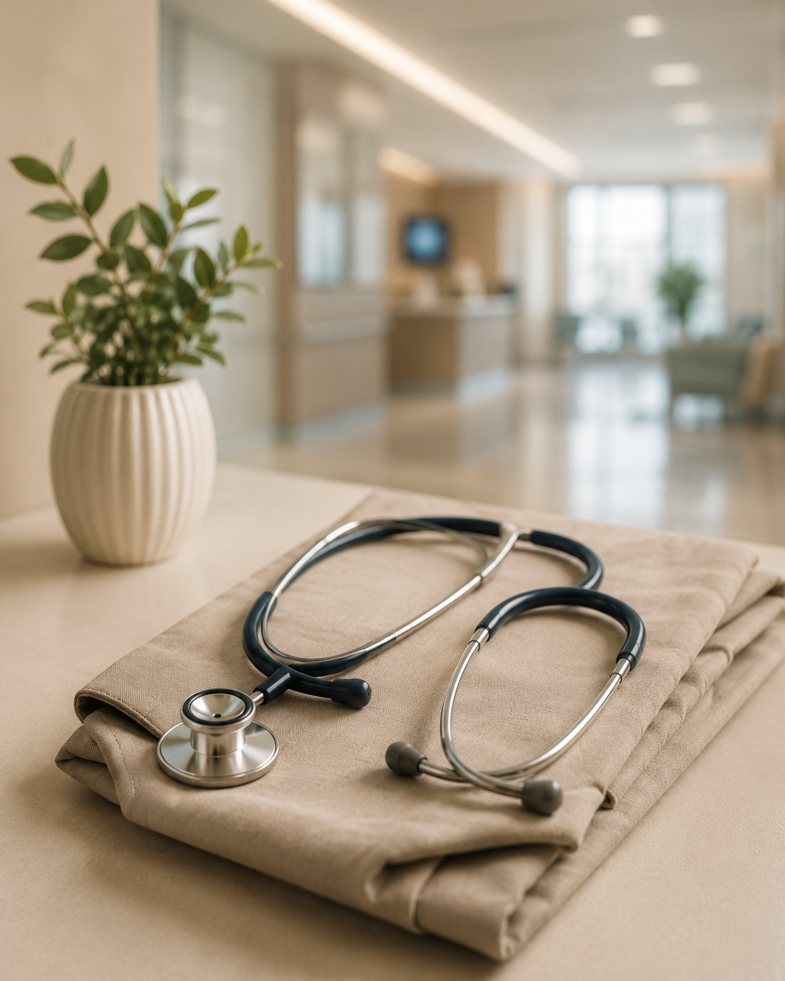 A stethoscope placed on folded beige scrubs on a medical table, with a potted plant in a white vase in the background, inside a medical facility or hospital.