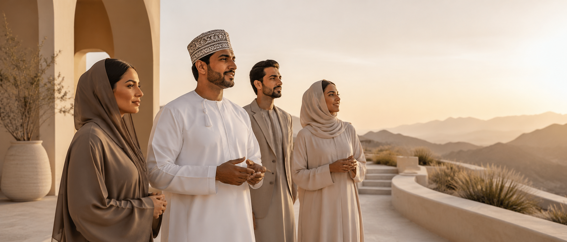 Group of four diverse people dressed in traditional Middle Eastern or Islamic attire, standing on a terrace overlooking mountains at sunset, with a neutral-toned architectural background and potted plants.