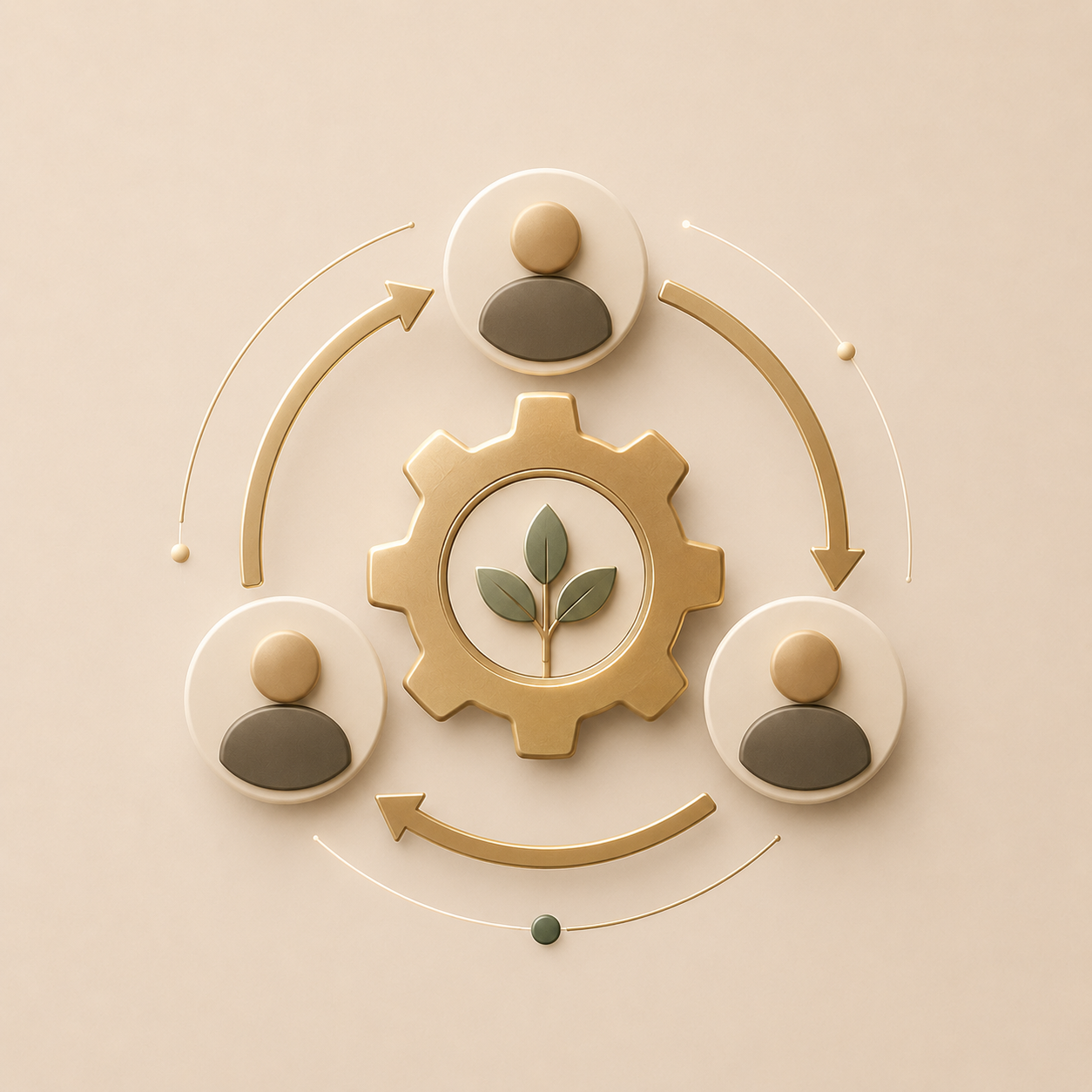 A mechanical diagram with three circular icons of people, connected by gold arrows, surrounding a gear with a sprouting green plant inside.