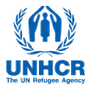 UNHCR logo featuring a stylized blue and white emblem with a person in the center surrounded by laurel leaves and the text 'UNHCR' underneath.