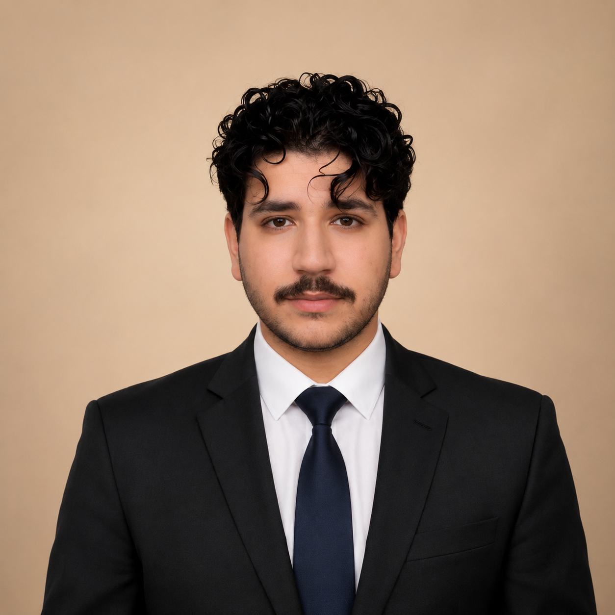 A young man with curly dark hair, a mustache, and light skin wearing a black suit, white shirt, and navy tie, looking directly at the camera with a neutral expression against a beige background. Engineer btw Audi btw Challenger btw Grandmaster btw