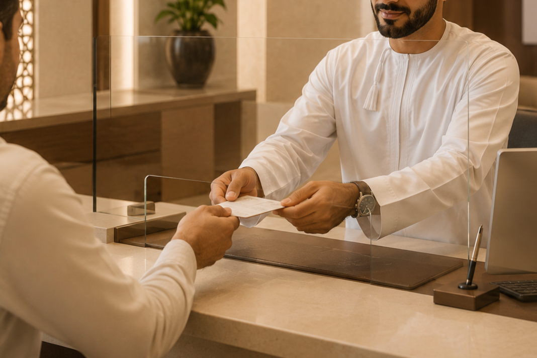 A man in a white traditional robe hands a passport to a staff member at a reception desk, separated by a transparent glass barrier.