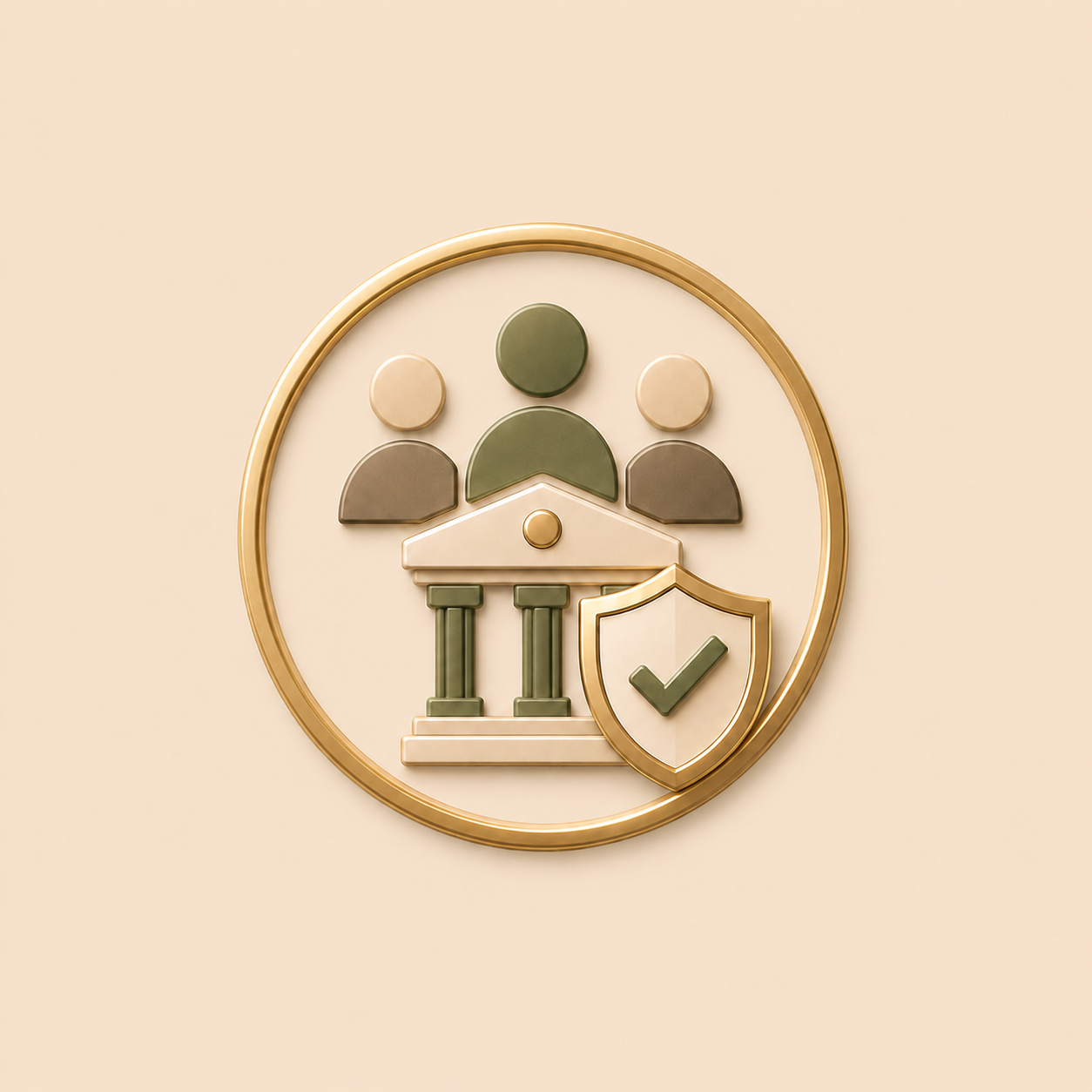 Decorative icon representing a group of three people with a shield and checkmark, symbolizing security and protection.