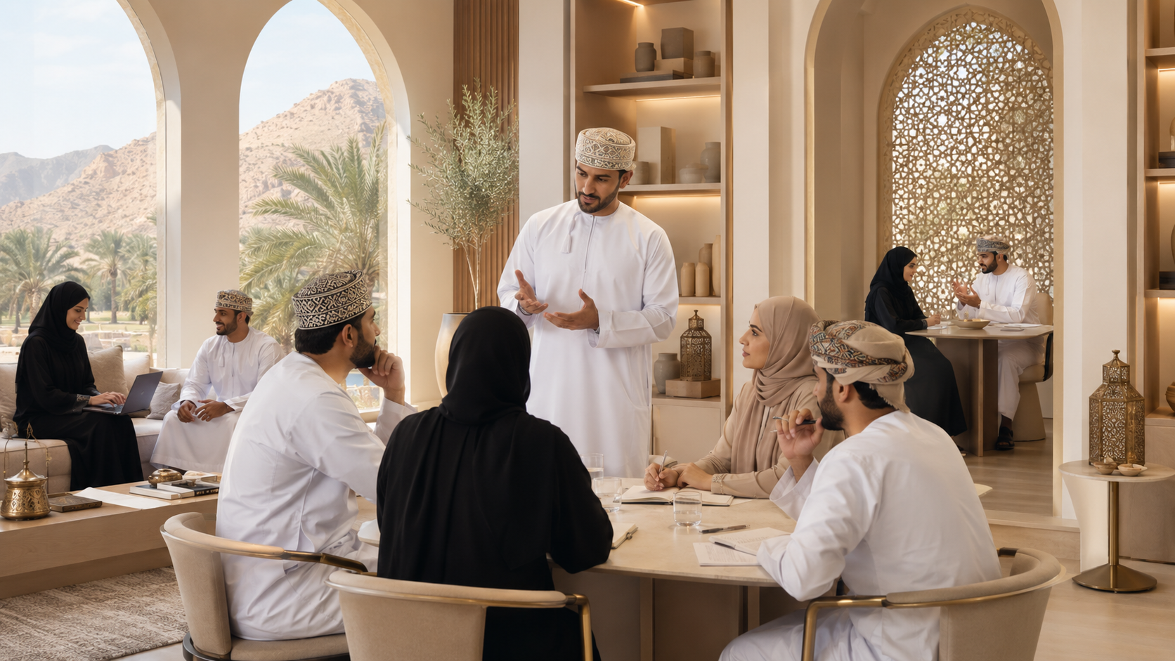 A diverse group of Omani people in traditional Middle Eastern attire attending a business meeting or discussion in a warmly lit, modern setting with desert landscape visible through large arched windows.