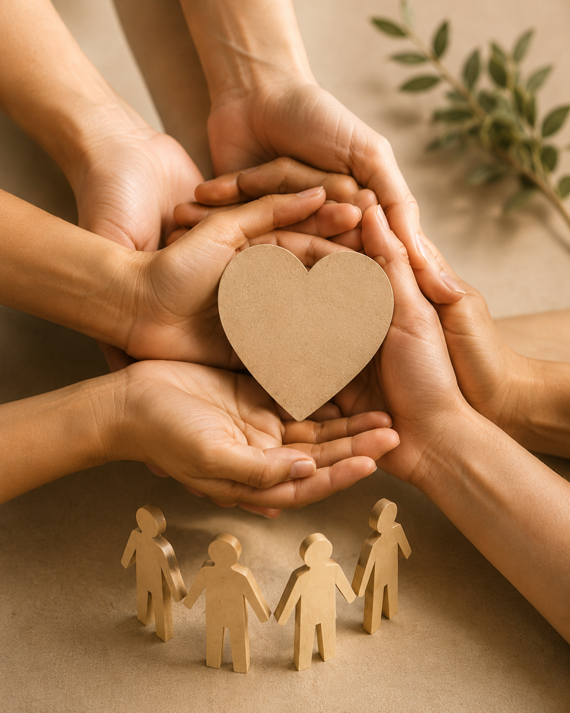 Multiple hands of different skin tones holding a cardboard heart, with wooden figurines forming a circle underneath, and a sprig of greenery on a tan surface.