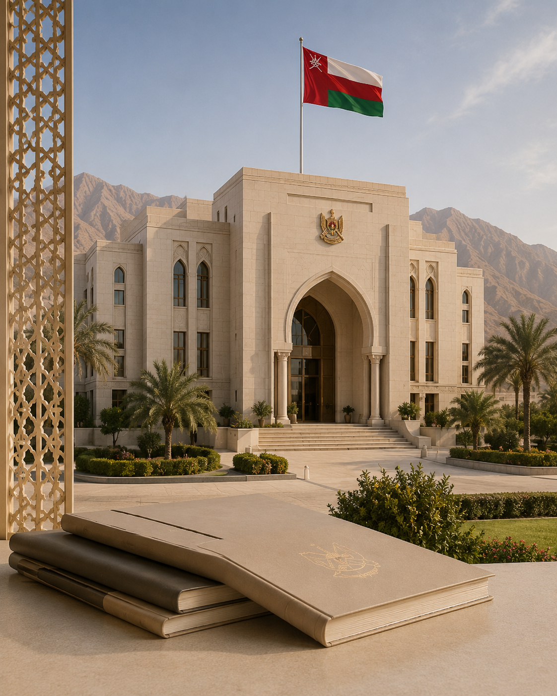 View of a grand government building with a flag of Oman flying above the entrance, surrounded by palm trees and desert mountains in the background.