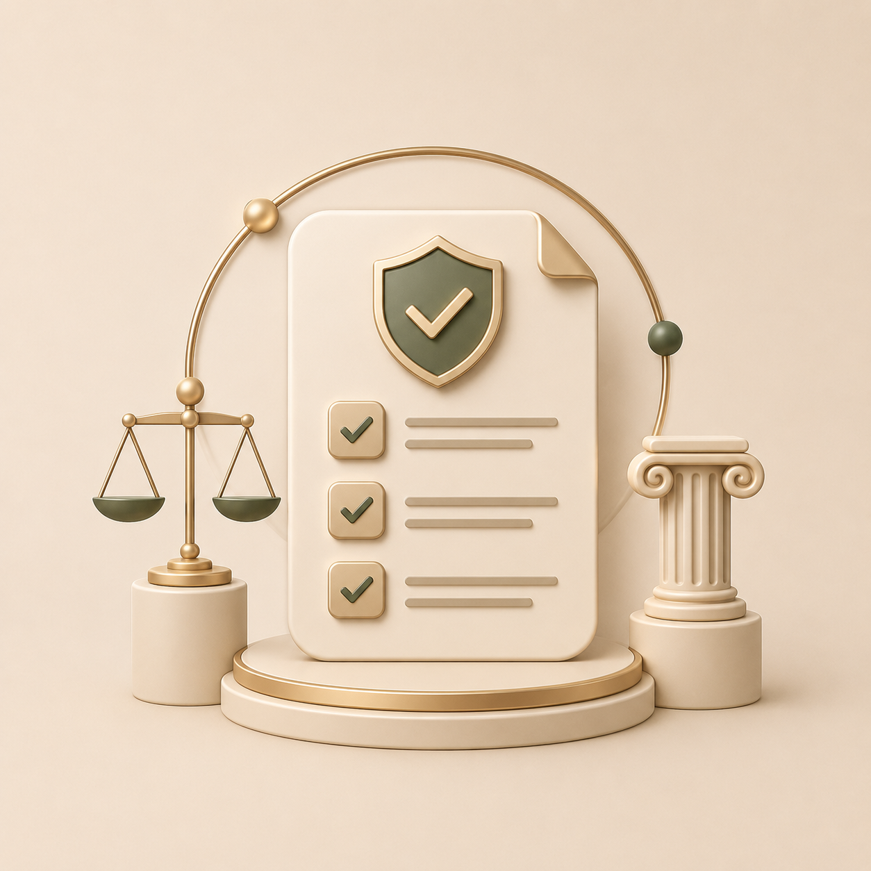 A 3D illustration of a legal or security document with a shield and check marks, surrounded by a balance scale, a column, and a curved line with spherical accents, all in gold and cream tones.