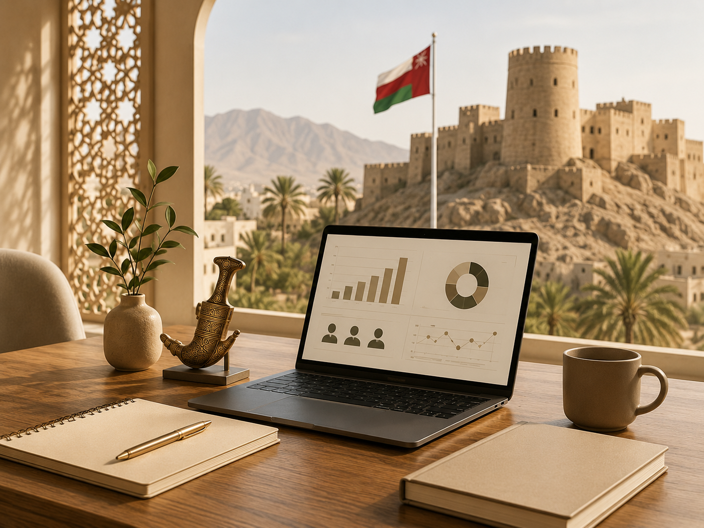 A workspace with a wooden desk, open laptop displaying charts, a notebook with a pen, a mug, and decorative items including a plant and an ornate object. Out the window, there is a view of an ancient fortress, palm trees, and mountains, with a flag flying.