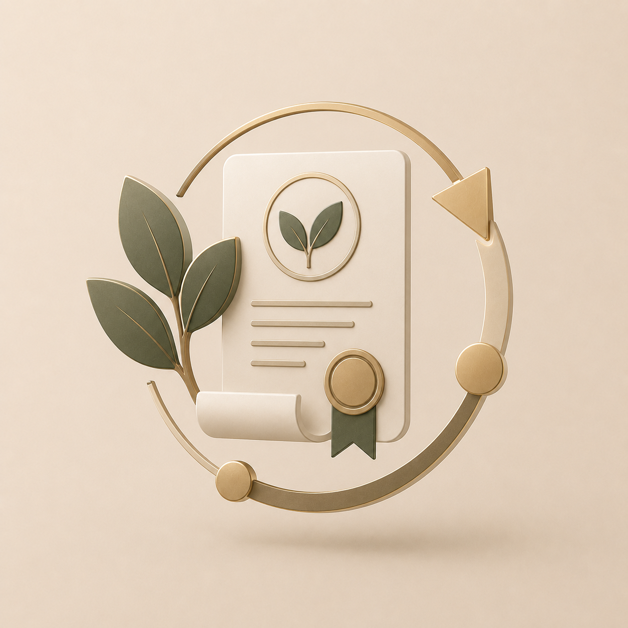 Abstract decorative icon of a certificate with a leaf emblem, surrounded by a gold and green circular frame with leaves and geometric shapes.
