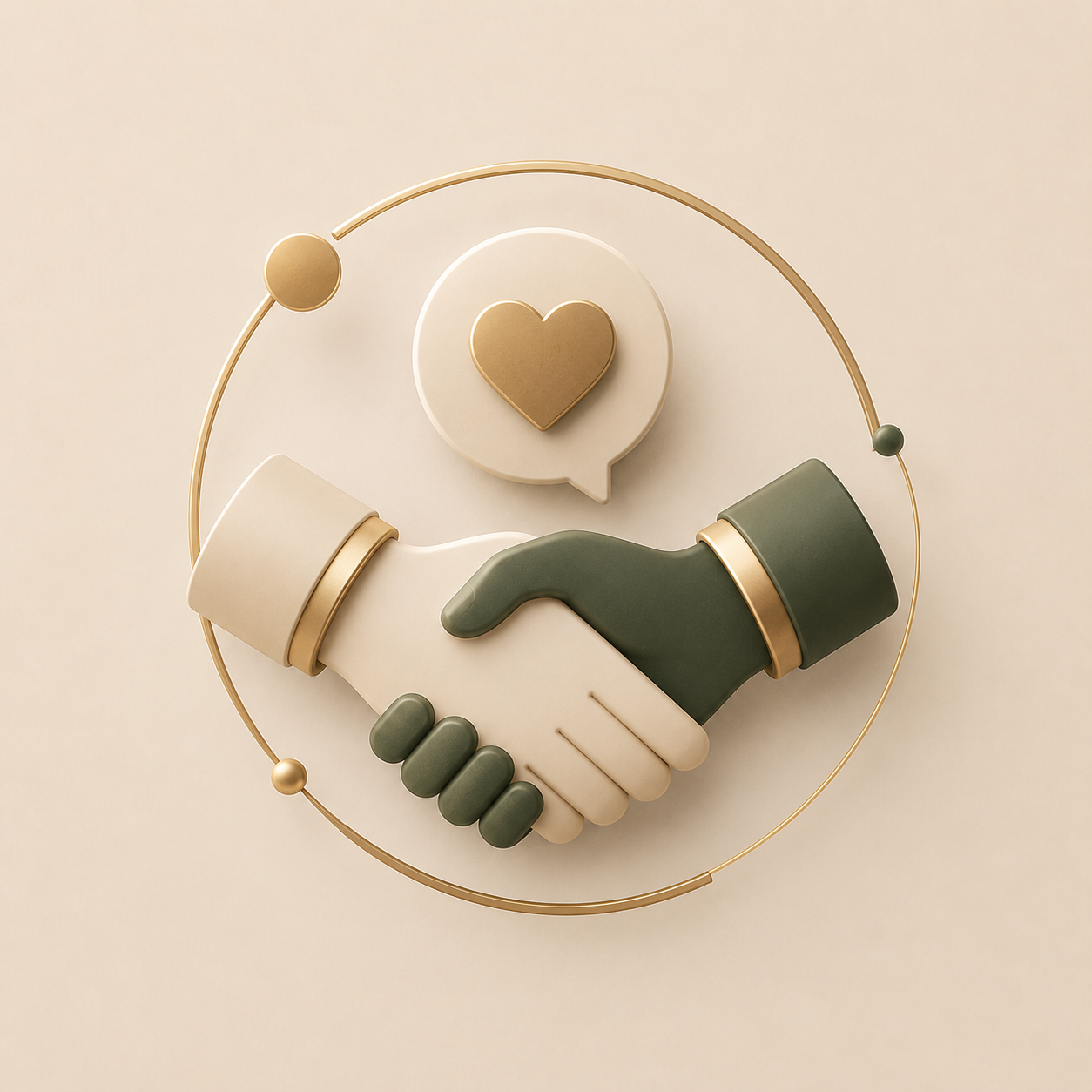 A decorative illustration featuring a handshake between two stylized hands, with a speech bubble containing a gold heart and a circular gold line surrounding the design.