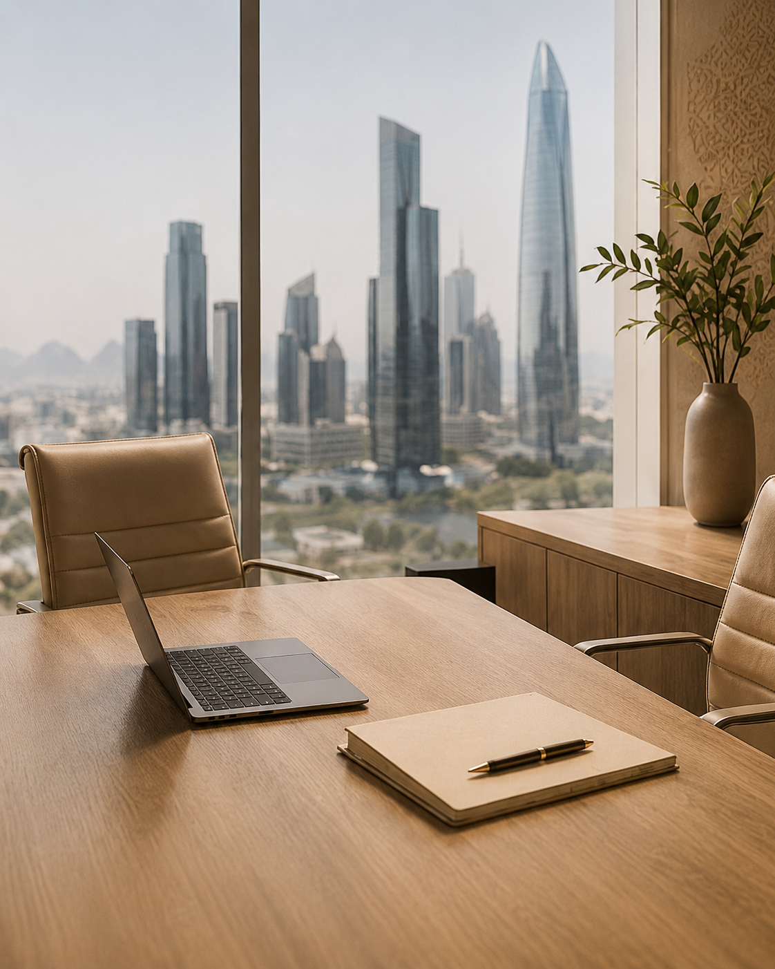 Office conference room with a wooden table, beige leather chairs, a laptop, a notebook, a pen, and a tall potted plant, with a city skyline view through large windows.