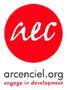 Red circular logo with white cursive text 'aec' in the center.