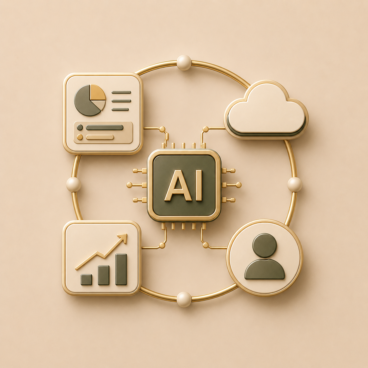A digital illustration showing interconnected icons representing artificial intelligence, data analysis, cloud computing, growth, and user profiles, with a central AI chip.