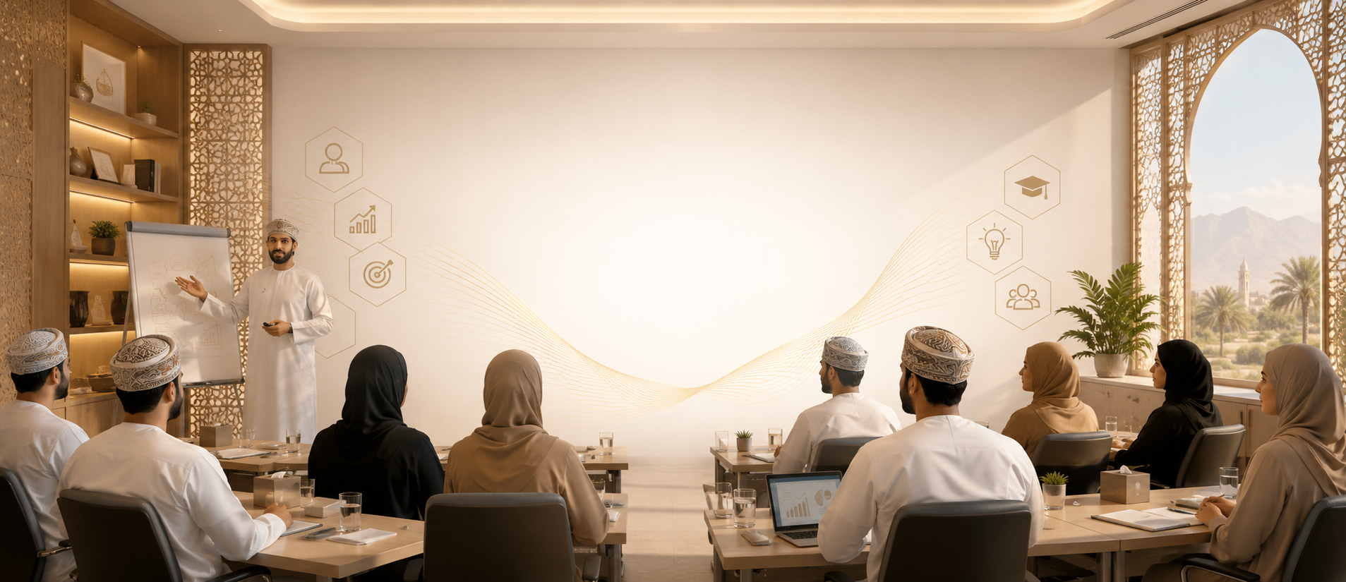 A man in traditional Middle Eastern clothing is giving a presentation to a group of men and women, some wearing headscarves, in a modern conference room with large windows showing palm trees and mountains.
