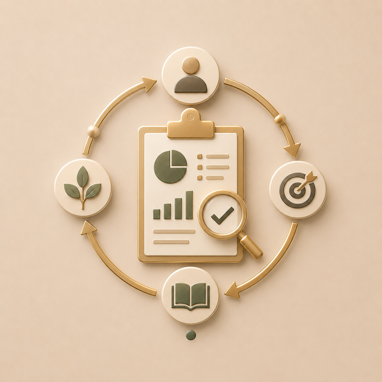 A digital illustration showing a central clipboard with charts and a checkmark, surrounded by icons of a person, target, book, leaf, and magnifying glass, connected by circular arrows indicating a workflow or process.