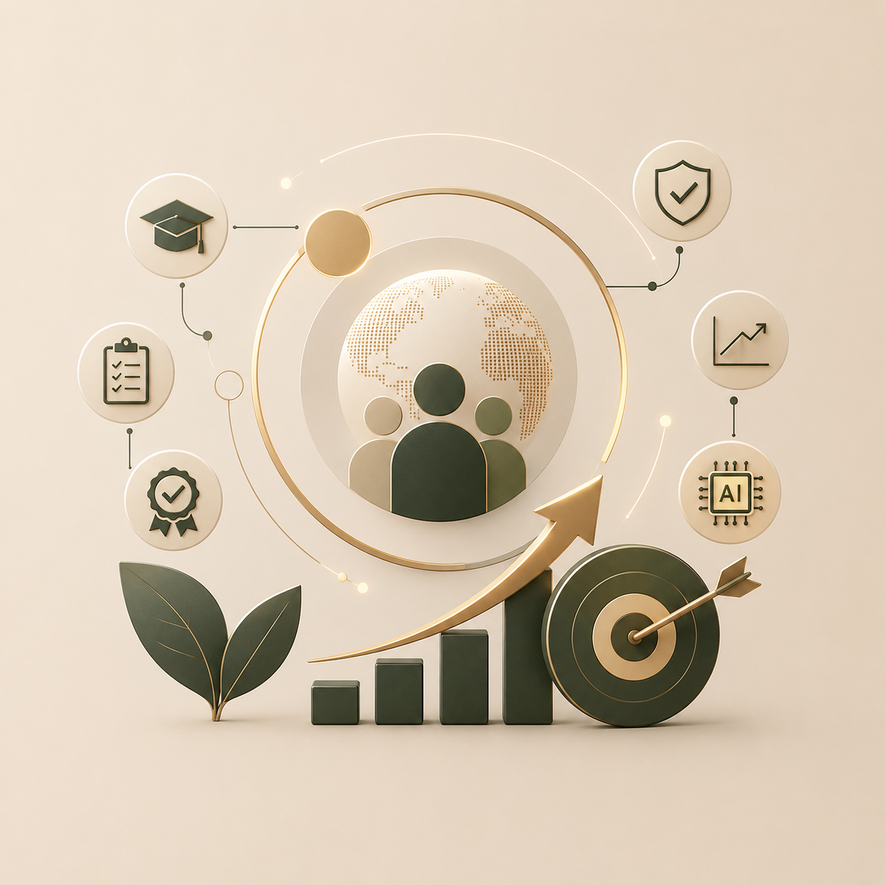 Illustration of growth and success with icons for education, certification, teamwork, intelligence, and achievement surrounding a central globe, with a bar chart, upward arrow, and target with arrow.