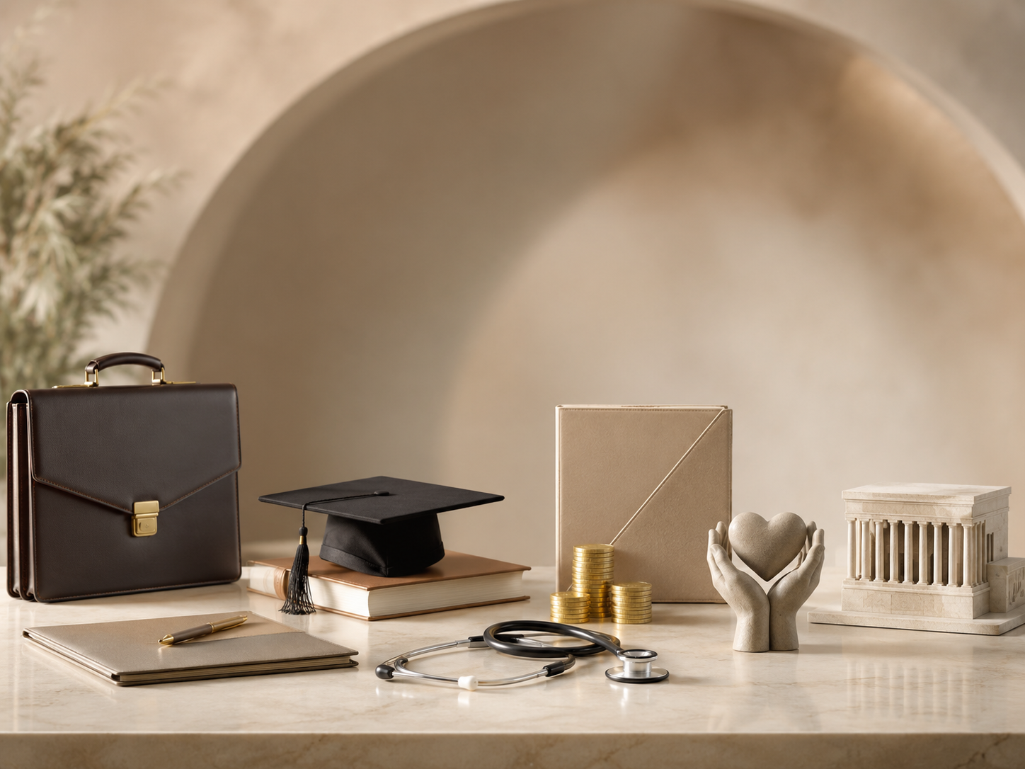 A collection of professional and academic items on a marble table, including a black briefcase, a graduation cap, a stack of books, a beige notebook, a stethoscope, a pen, a diploma, a stack of gold coins, a heart sculpture held by hands, and a small model of a classical building, with a blurred neutral background.