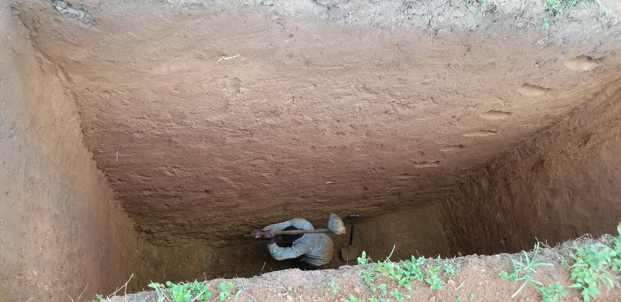A person digging a deep, narrow hole in the ground with a shovel, surrounded by dirt and small green plants at the edge of the excavation site.