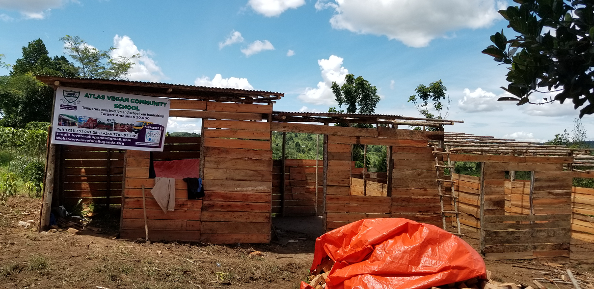 Under construction wooden building with a sign for Atlas Vegan Community School in Uganda, blue sky with clouds, trees in the background, and construction materials in the foreground.
