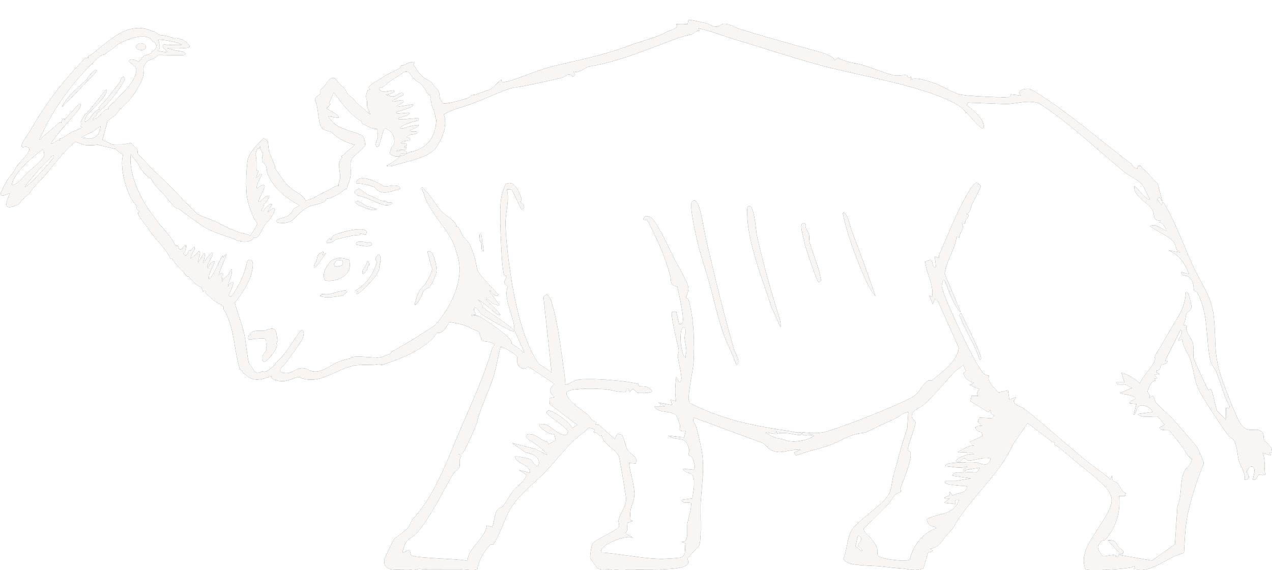 Black and white line drawing of a rhino standing sideways.