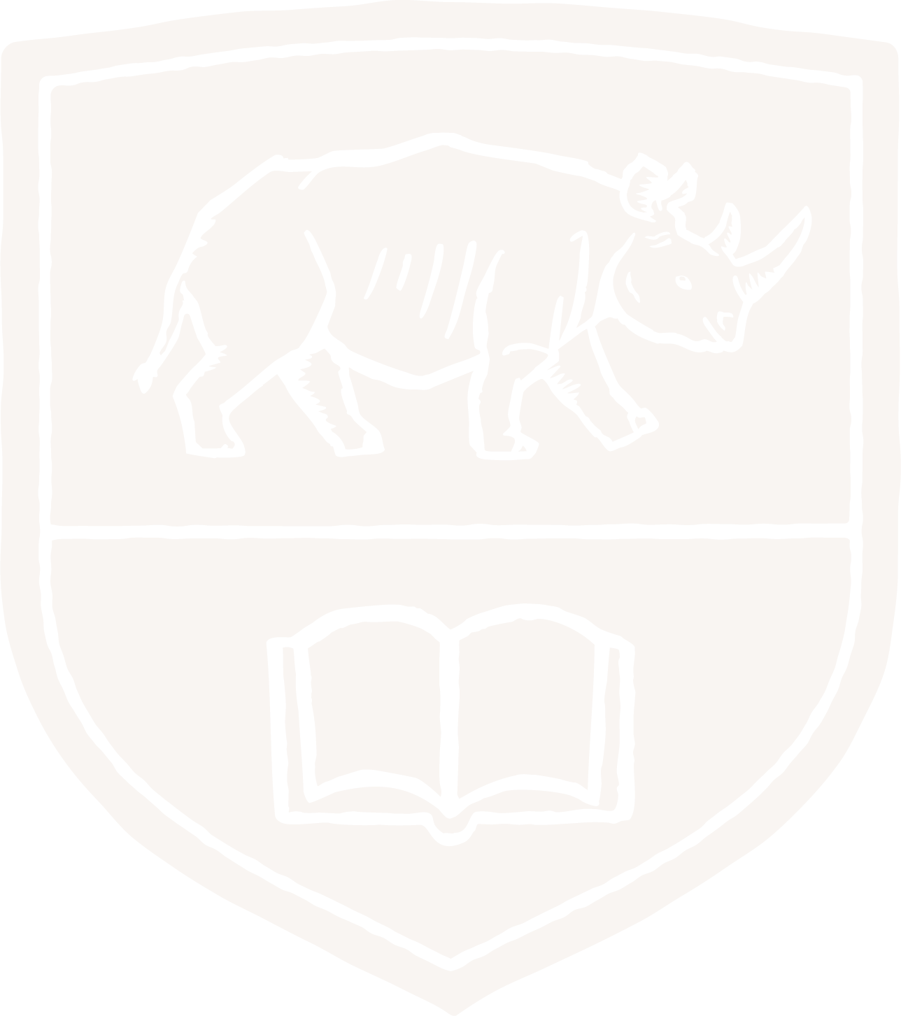 A black and white illustration of a shield with a rhinoceros in the upper part and an open book in the lower part.