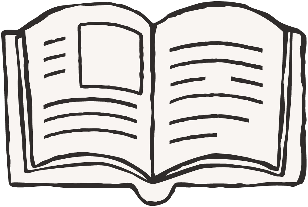 Black and white illustration of an open book with text lines and a blank rectangular page on each side.