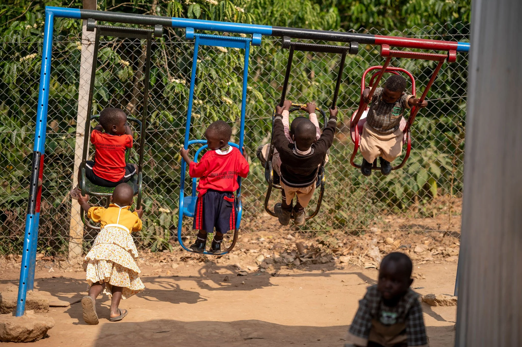 Children playing on a swing set outdoors, surrounded by a chain-link fence and greenery in the background.