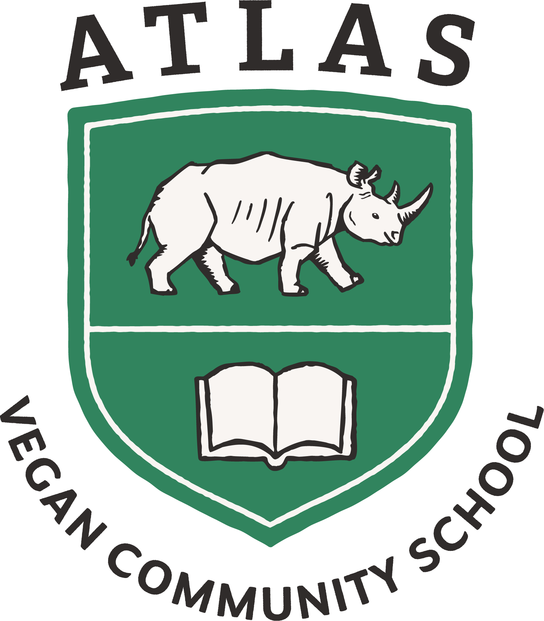Seal featuring a rhinoceros walking in front of an open book, with the text 'Atlas Vegan Community School' written around the shield.